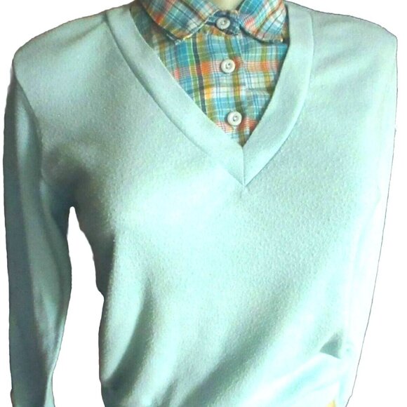 Medium Vintage 1980s Womens V-neck Sweater Andrew St John Button Top Plaid Med - Picture 1 of 6